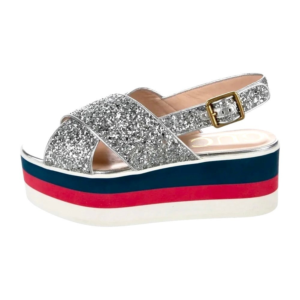 NWT Gucci $1085 Peggy Silver Glitter Web Stripe Platform Sandals 7.5 38 Italy